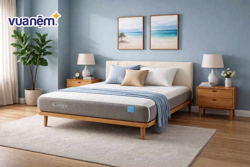 Phối hợp xanh dương và màu gỗ tự nhiên