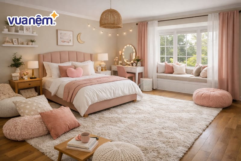 Decor phòng ngủ với thảm trải sàn và gối tựa