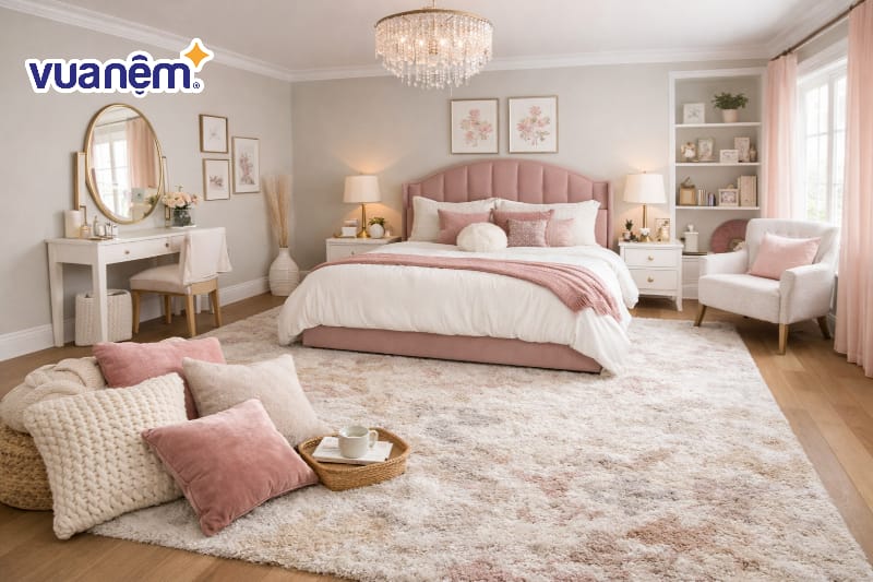 Decor phòng ngủ với thảm trải sàn và gối tựa