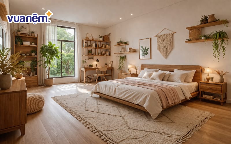 Decor phòng ngủ bằng kệ gỗ và đồ handmade gỗ tự nhiên
