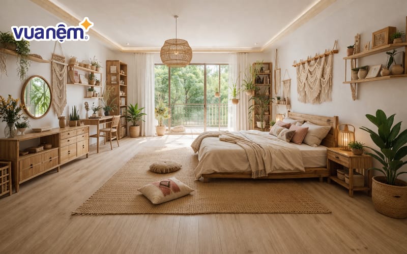 Decor phòng ngủ bằng kệ gỗ và đồ handmade gỗ tự nhiên