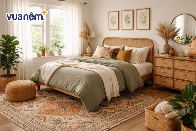 Sử dụng thảm họa tiết thổ cẩm hoặc mây tre đan