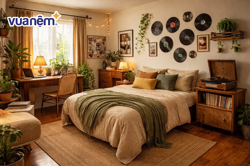 Trang trí tường bằng đĩa than và máy phát nhạc cũ