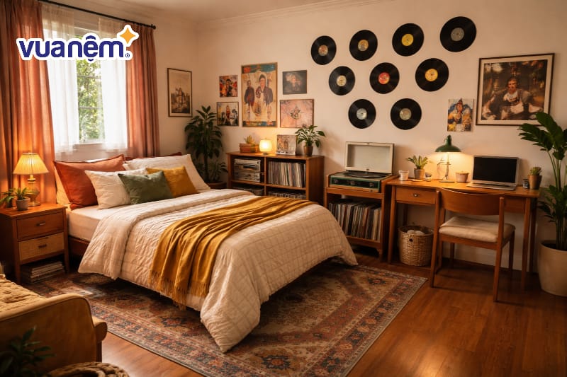 Trang trí tường bằng đĩa than và máy phát nhạc cũ