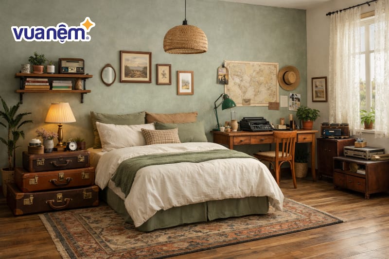 Đặt thêm các vali da cũ làm bàn đầu giường