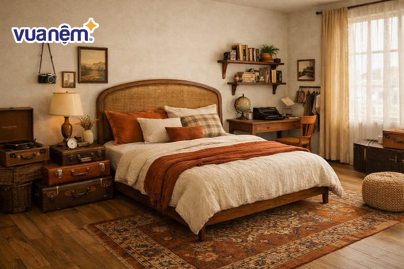 Đặt thêm các vali da cũ làm bàn đầu giường