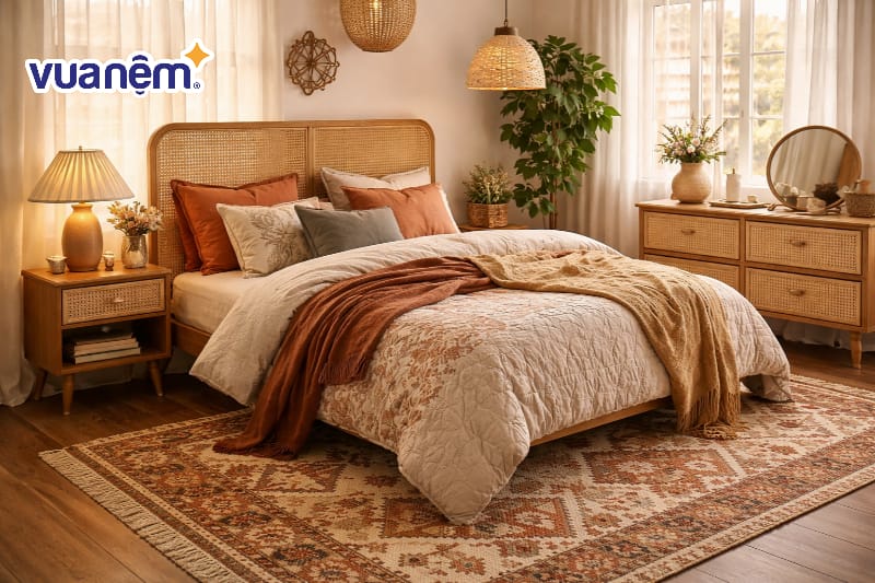 Sử dụng thảm họa tiết thổ cẩm hoặc mây tre đan