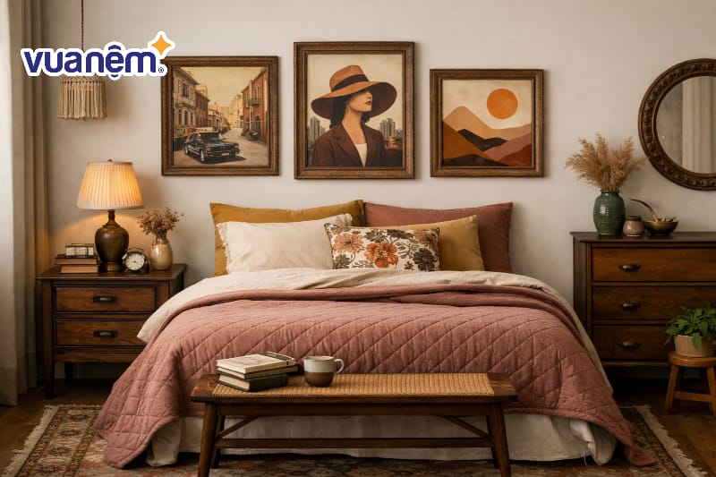 Decor bằng khung ảnh gỗ cũ và tranh nghệ thuật retro