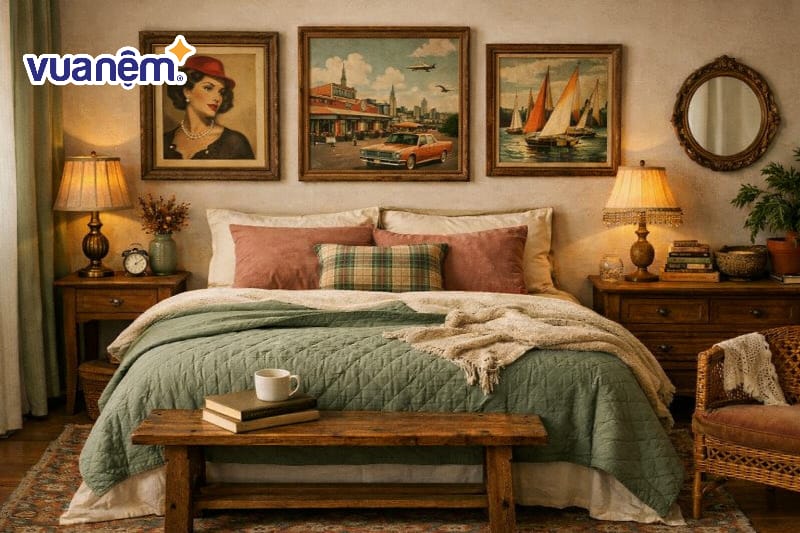 Decor bằng khung ảnh gỗ cũ và tranh nghệ thuật retro