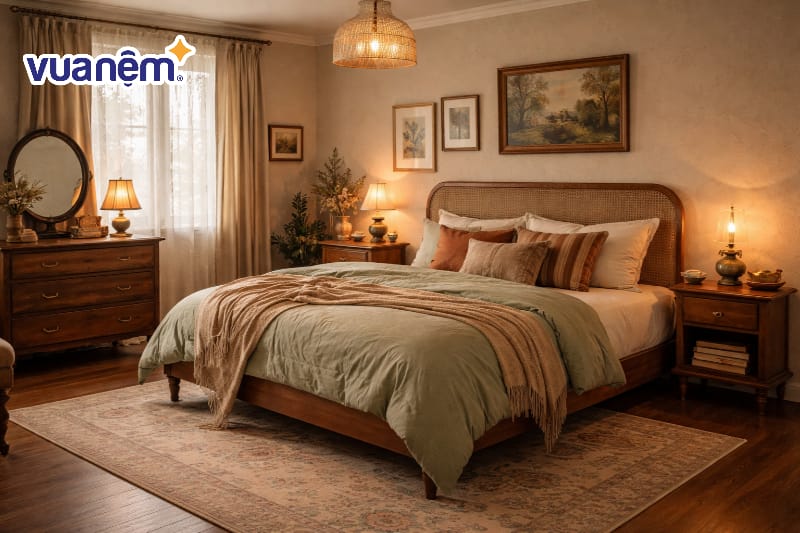 Bố trí đèn ngủ ánh sáng vàng và đèn dầu cổ điển