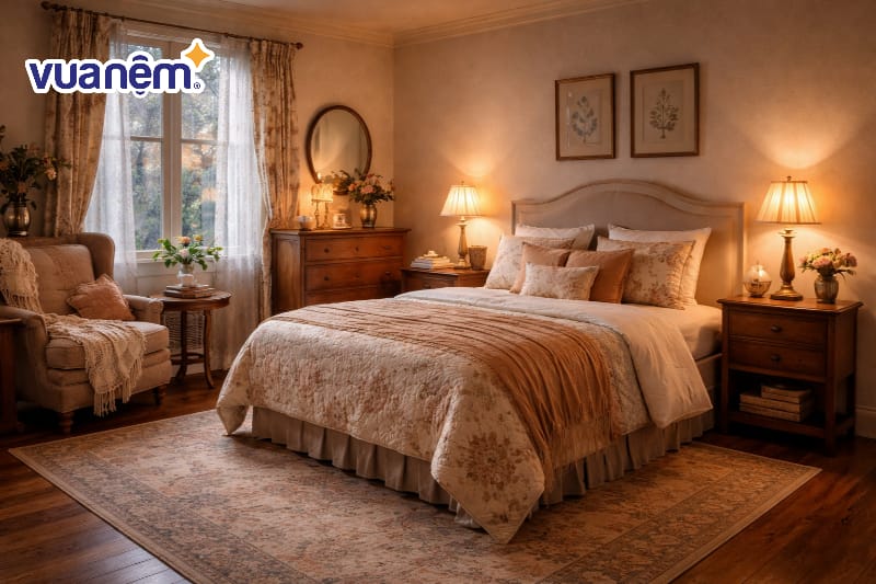 Bố trí đèn ngủ ánh sáng vàng và đèn dầu cổ điển