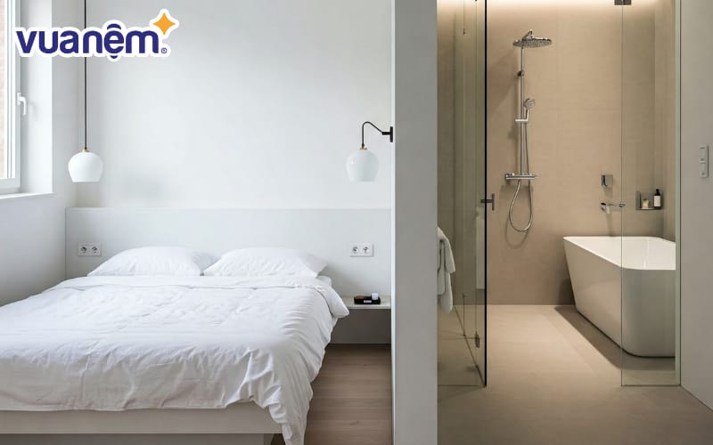 Tránh để giường ngủ dựa vào tường của nhà vệ sinh