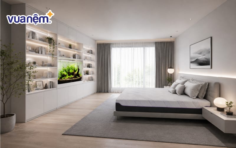 Bố trí kệ sách âm tường màu trắng tinh khôi