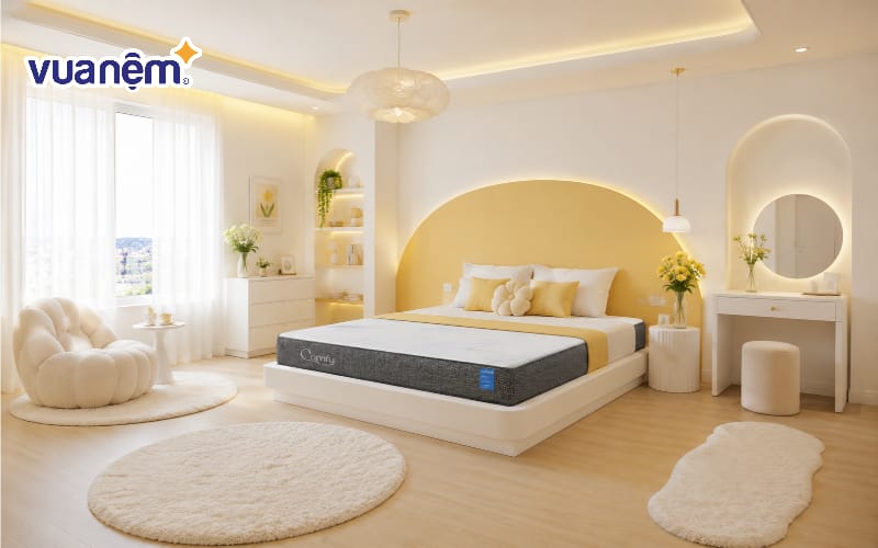 Decor phòng ngủ màu vàng và trắng tinh khôi