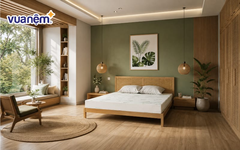 Phối hợp màu xanh lá và gỗ tự nhiên