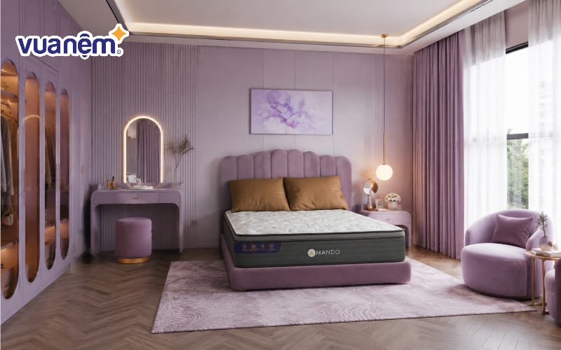 Thiết kế phòng ngủ tím pastel với chất liệu nhung