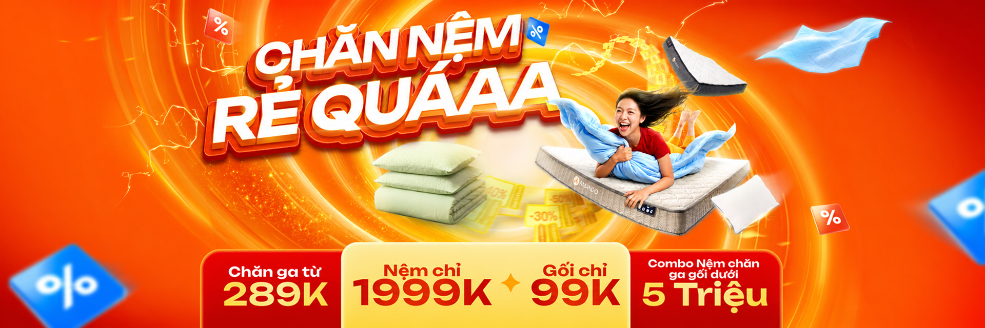 Chăn nệm rẻ quá — chăn ga từ 289K, nệm chỉ 1999K, gối chỉ 99K, combo dưới 5 triệu