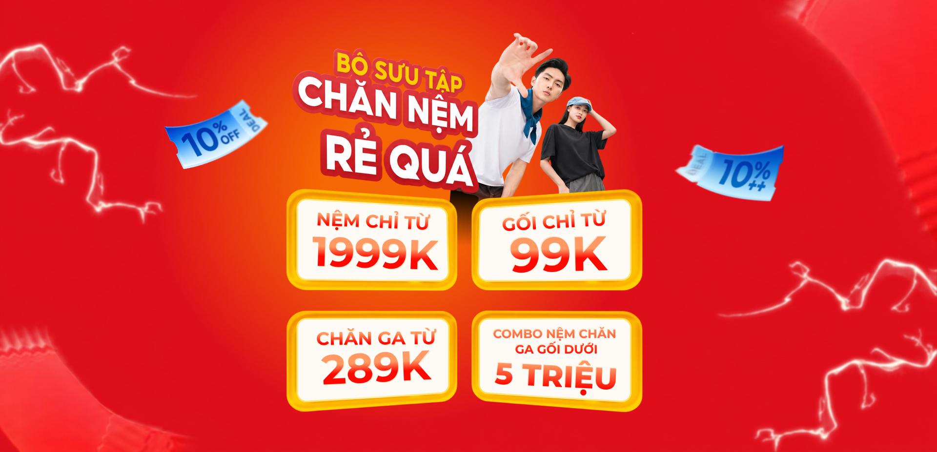 Bộ sưu tập chăn nệm rẻ quá — nệm từ 1999K, gối từ 99K, chăn ga từ 289K, combo dưới 5 triệu