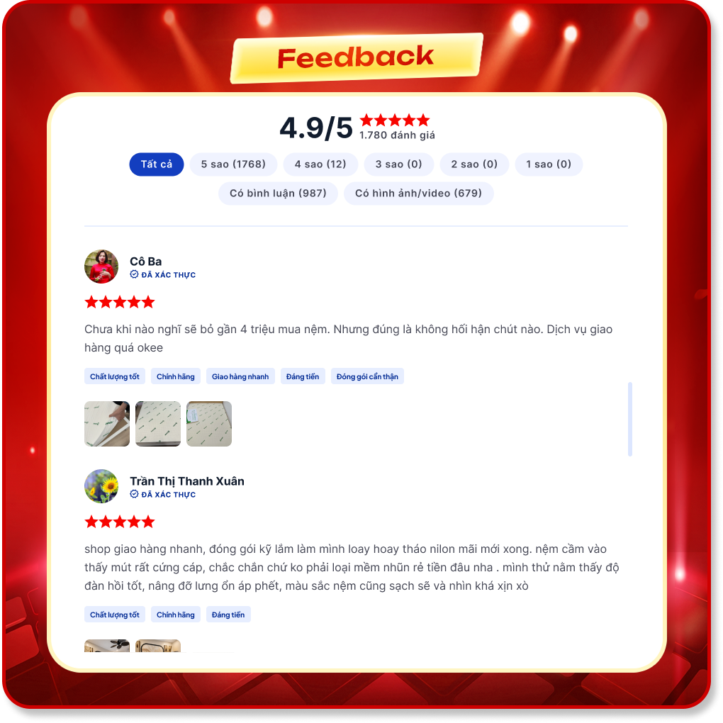Feedback khách hàng Vua Nệm — 4.9/5 từ 1,782 reviews