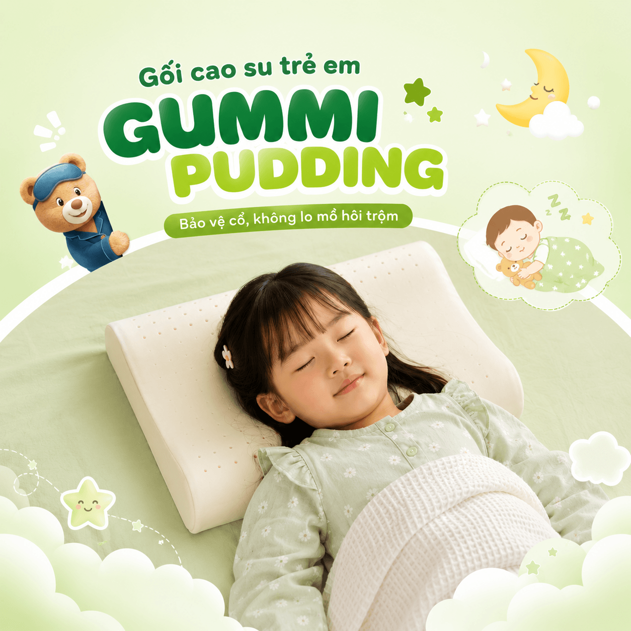 Gối cao su trẻ em Gummi Pudding 100% thiên nhiên