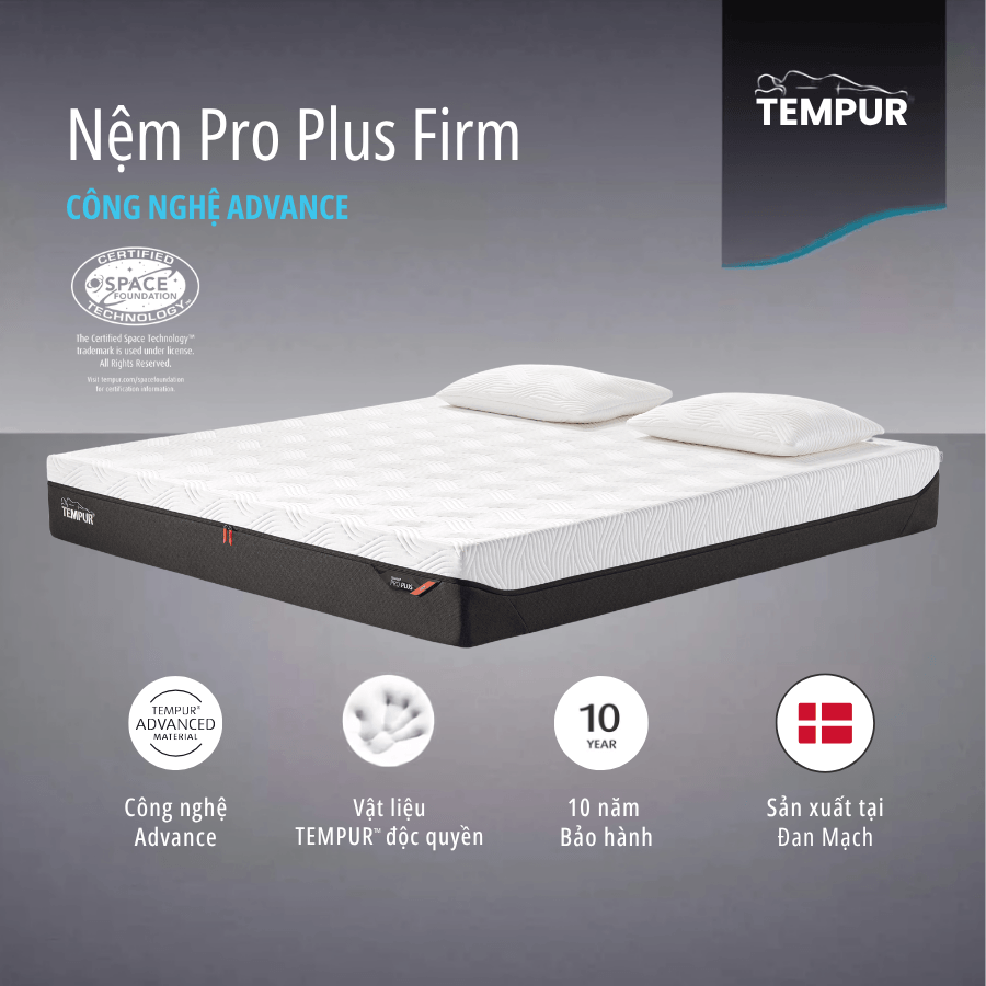(Nhập Khẩu Đan Mạch) Nệm Foam Tempur Pro Plus Firm cân bằng trọng lực dày 25cm