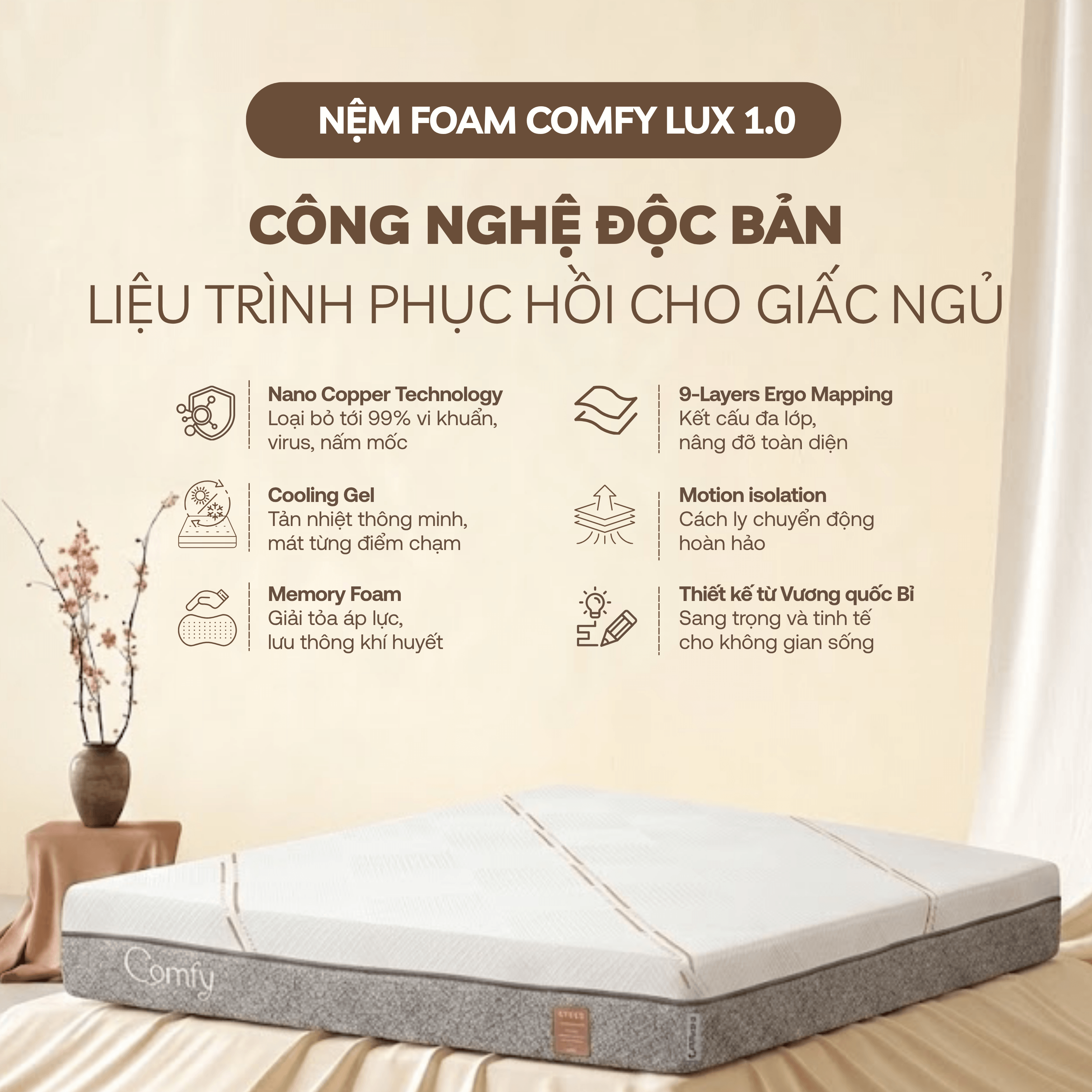 Nệm foam làm mát, kháng khuẩn nâng đỡ 5 vùng Comfy Lux 1.0