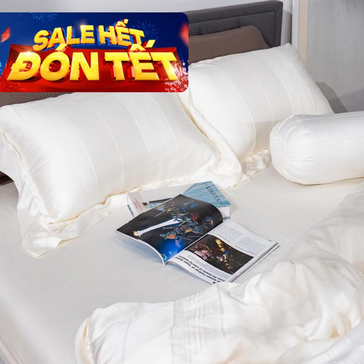 Bộ chăn ga lụa tencel cao cấp Amando Lagom 5 chi tiết màu kem/be