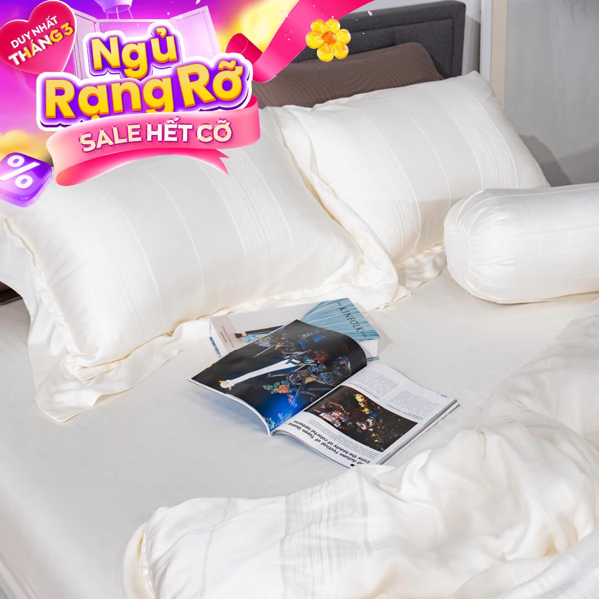 Bộ chăn ga lụa tencel cao cấp Amando Lagom 5 chi tiết màu kem/be