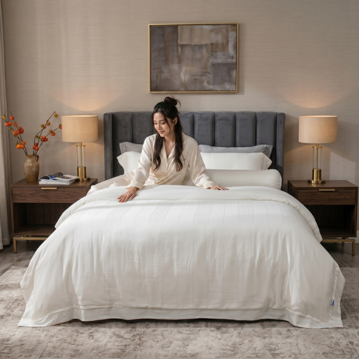 Bộ chăn ga lụa tencel cao cấp Amando Lagom 5 chi tiết màu kem/be