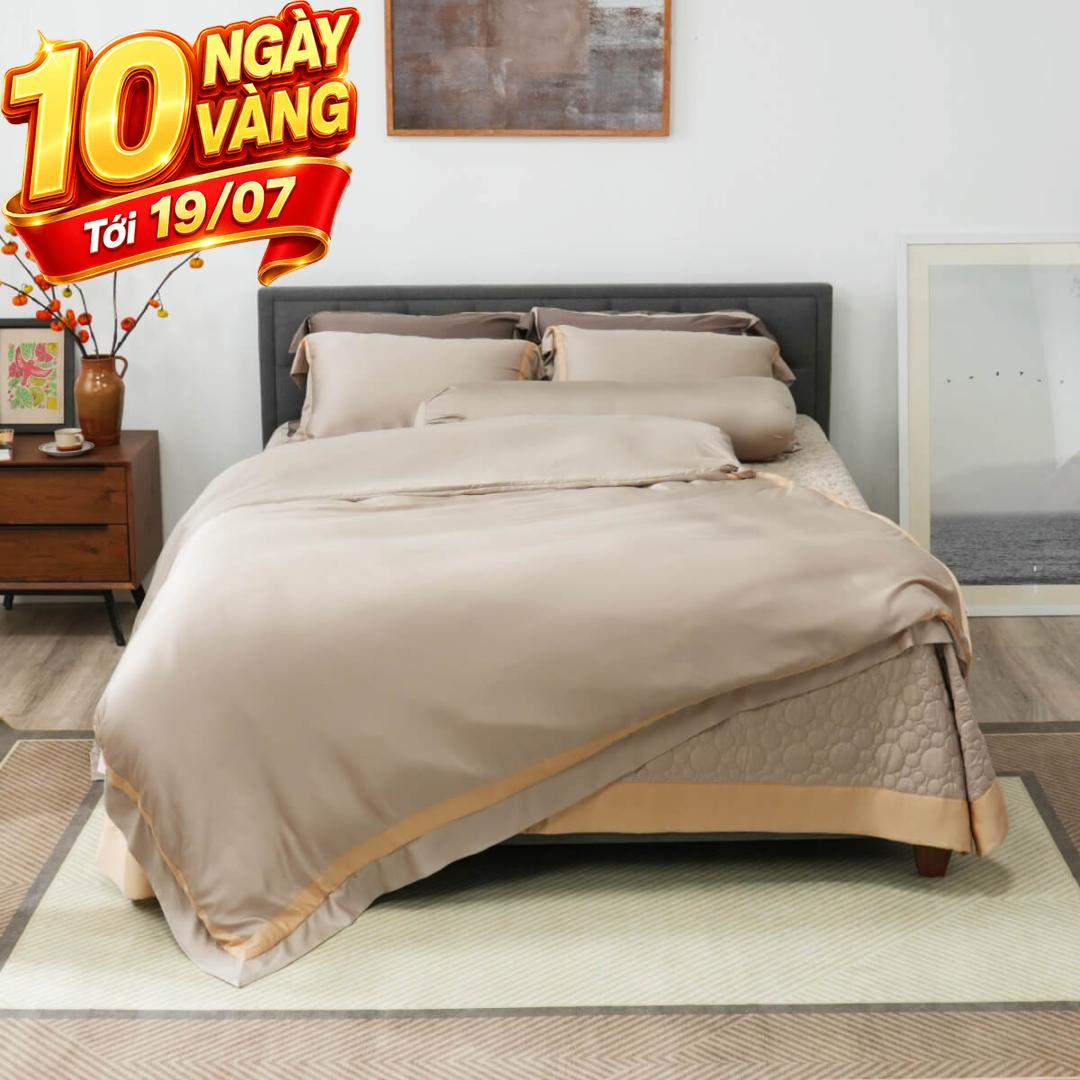 Bộ chăn ga phủ Lụa tencel cao cấp Amando Confident 5 chi tiết Màu Kem