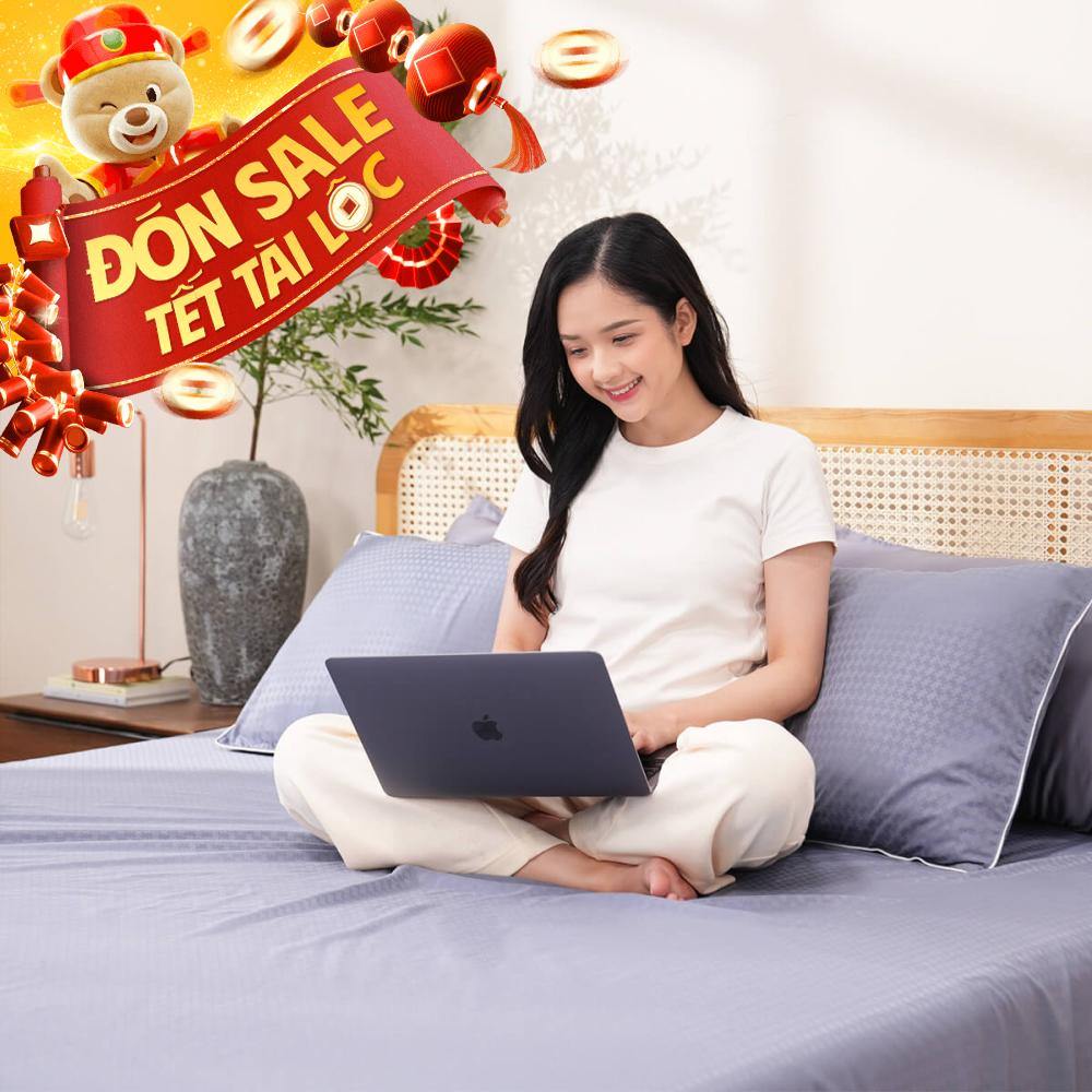 Bộ ga chun polyester gấm Amando Ellie đơn sắc 4 chi tiết Màu Xanh dương