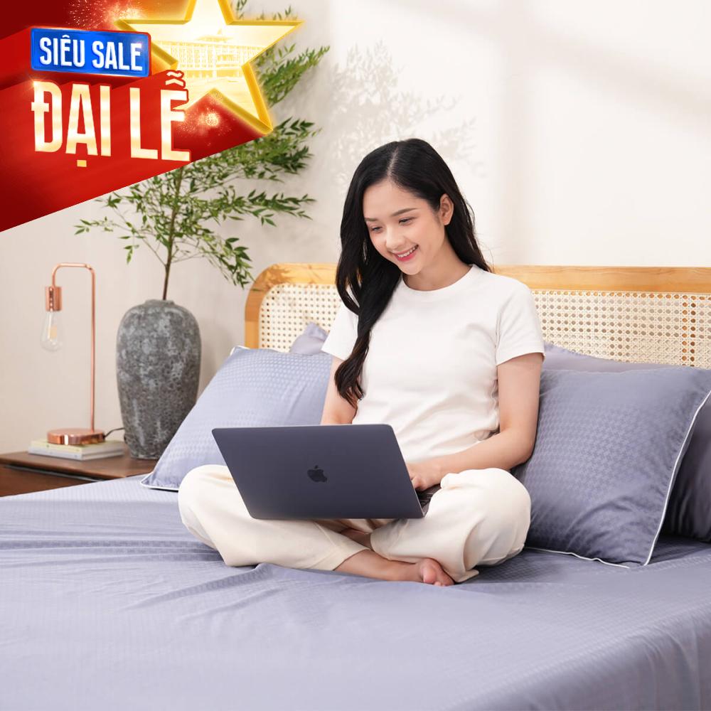 Bộ ga chun polyester gấm Amando Ellie đơn sắc 4 chi tiết Màu Xanh dương