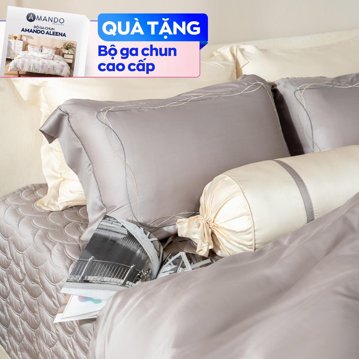 Bộ Chăn ga lụa tencel cao cấp Amando Soulmate 7 chi tiết màu Xám