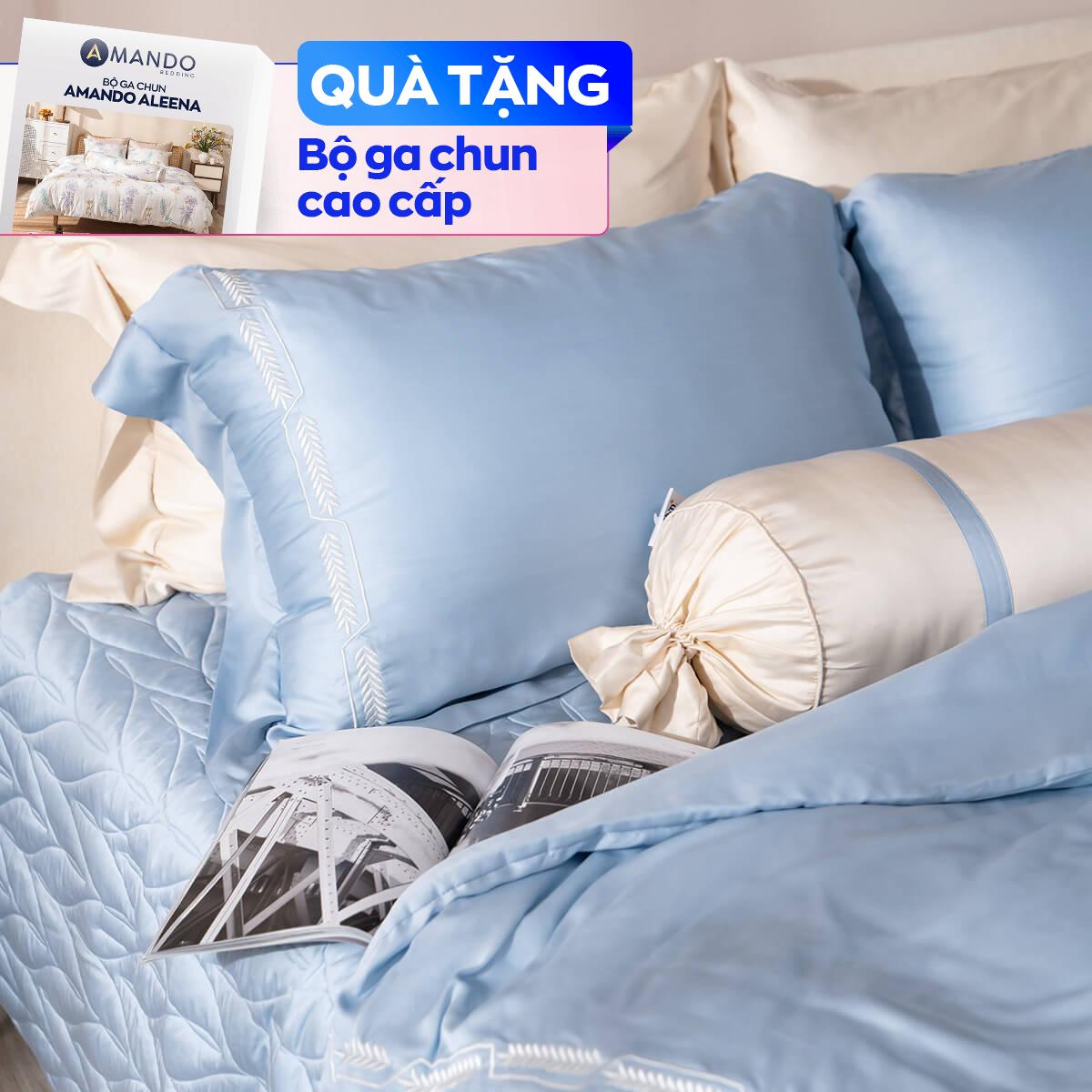 Bộ Chăn ga lụa tencel cao cấp Amando Soulmate 7 chi tiết màu Xanh