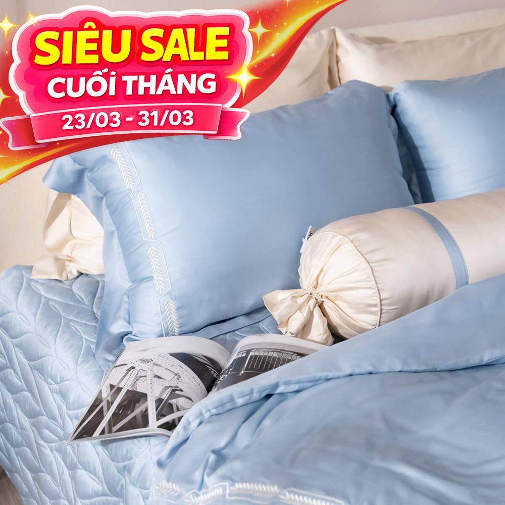 Bộ Chăn ga lụa tencel cao cấp Amando Soulmate 7 chi tiết màu Xanh