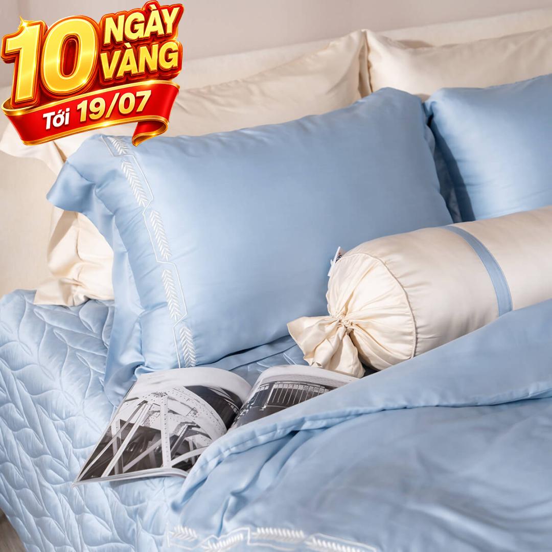 Bộ Chăn ga lụa tencel cao cấp Amando Soulmate 7 chi tiết màu Xanh