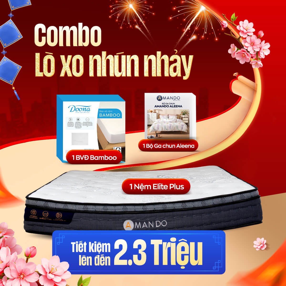 Combo Lò xo nhún nhảy: 1 Đệm Elite Plus, 1 bộ Ga chun Aleena, 1 BVĐ Bamboo