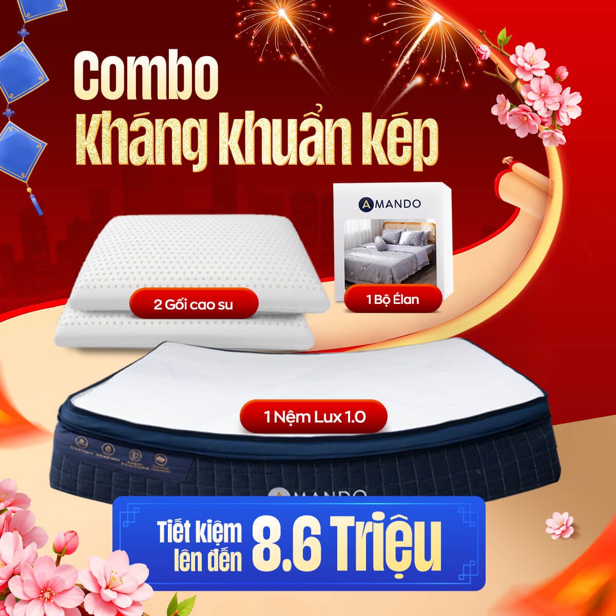 Combo Kháng khuẩn kép, giảm đau lưng: 1 Nệm Lò xo Amando Innovation, 1 Bộ Chăn ga Élan, 2 Gối Cao su Dreamland