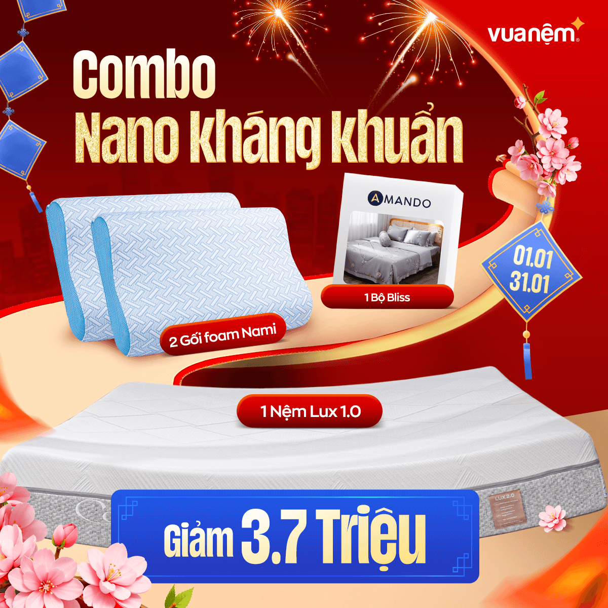 Combo Nano kháng khuẩn: 1 đệm Lux 1.0, 1 Ga chun Bliss, 2 gối foam