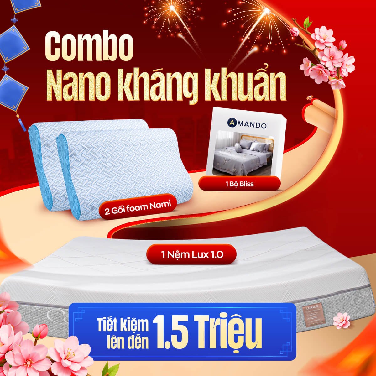 Combo Nano kháng khuẩn: 1 đệm Lux 1.0, 1 Ga chun Bliss, 2 gối foam