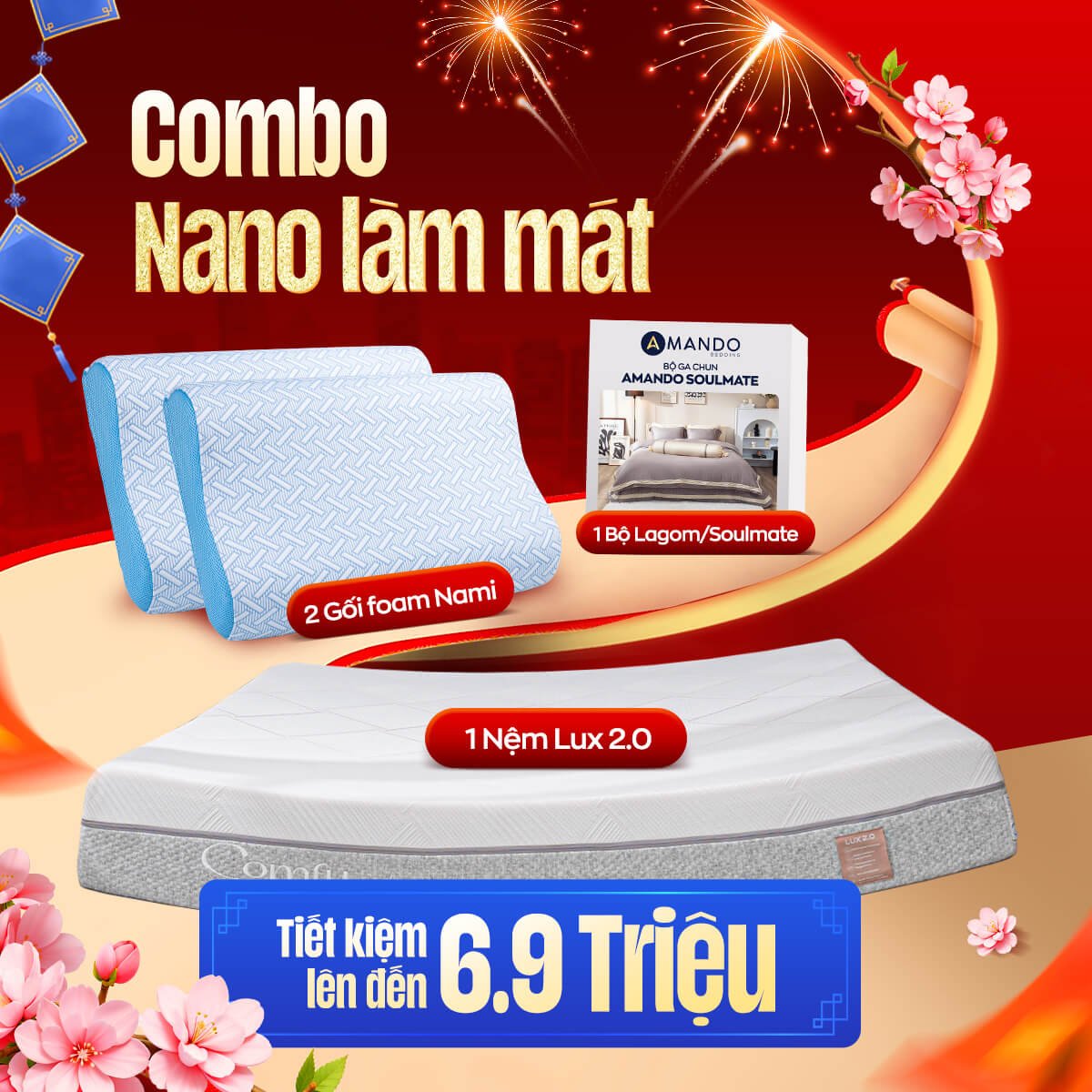 Combo Nano Làm Mát: 1 Đệm Lux 2.0, 1 Bộ ga Lagom/Soulmate, 2 gối foam