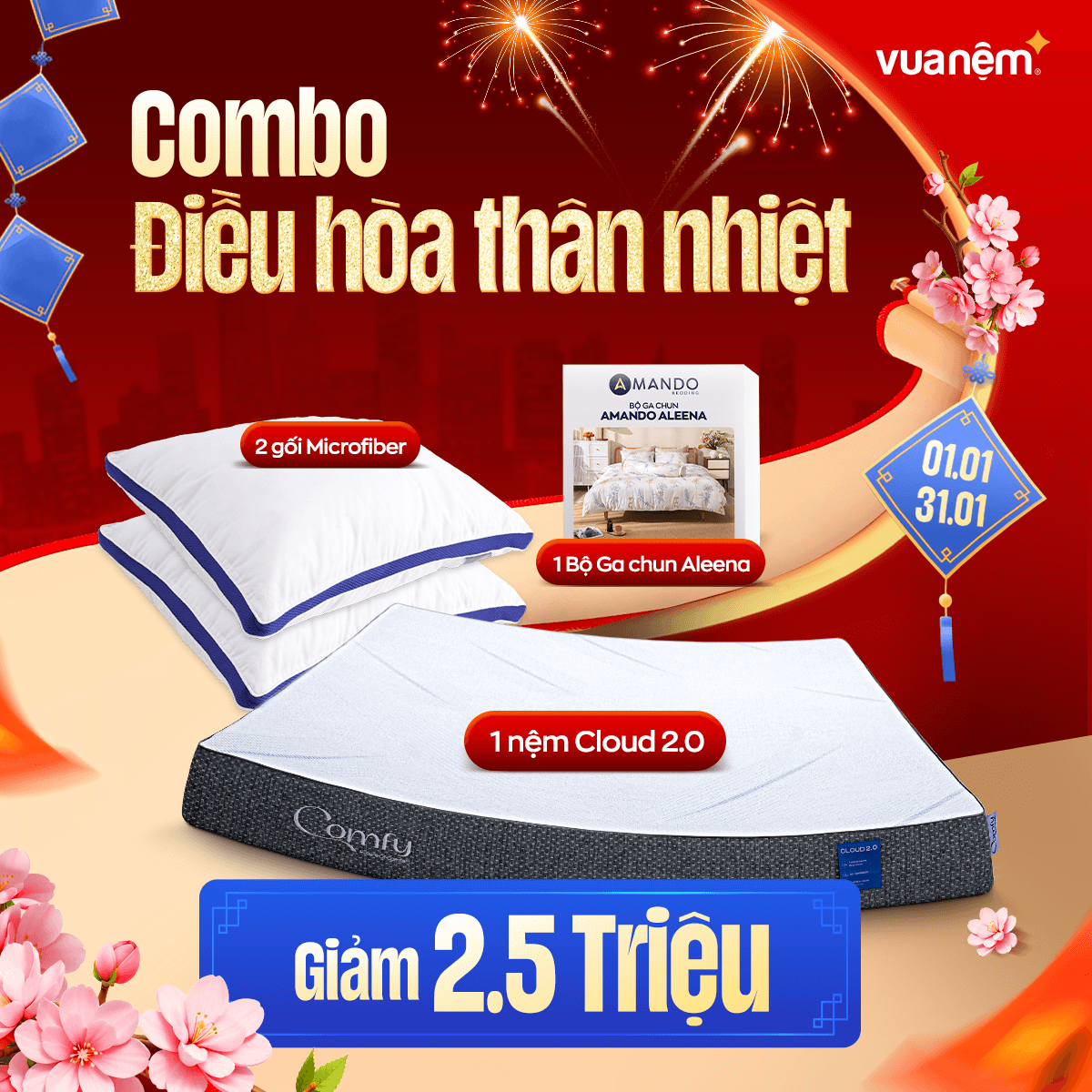 Combo Điều hòa thân nhiệt: 1 Đệm Cloud 2.0, 1 bộ Gachun Aleena, 2 gối Microfiber