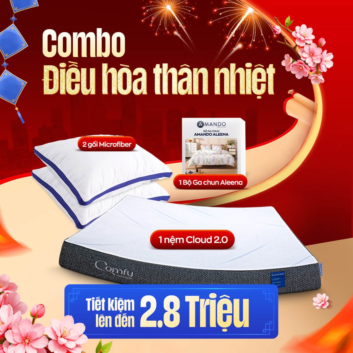 Combo Điều hòa thân nhiệt: 1 Đệm Cloud 2.0, 1 bộ Gachun Aleena, 2 gối Microfiber