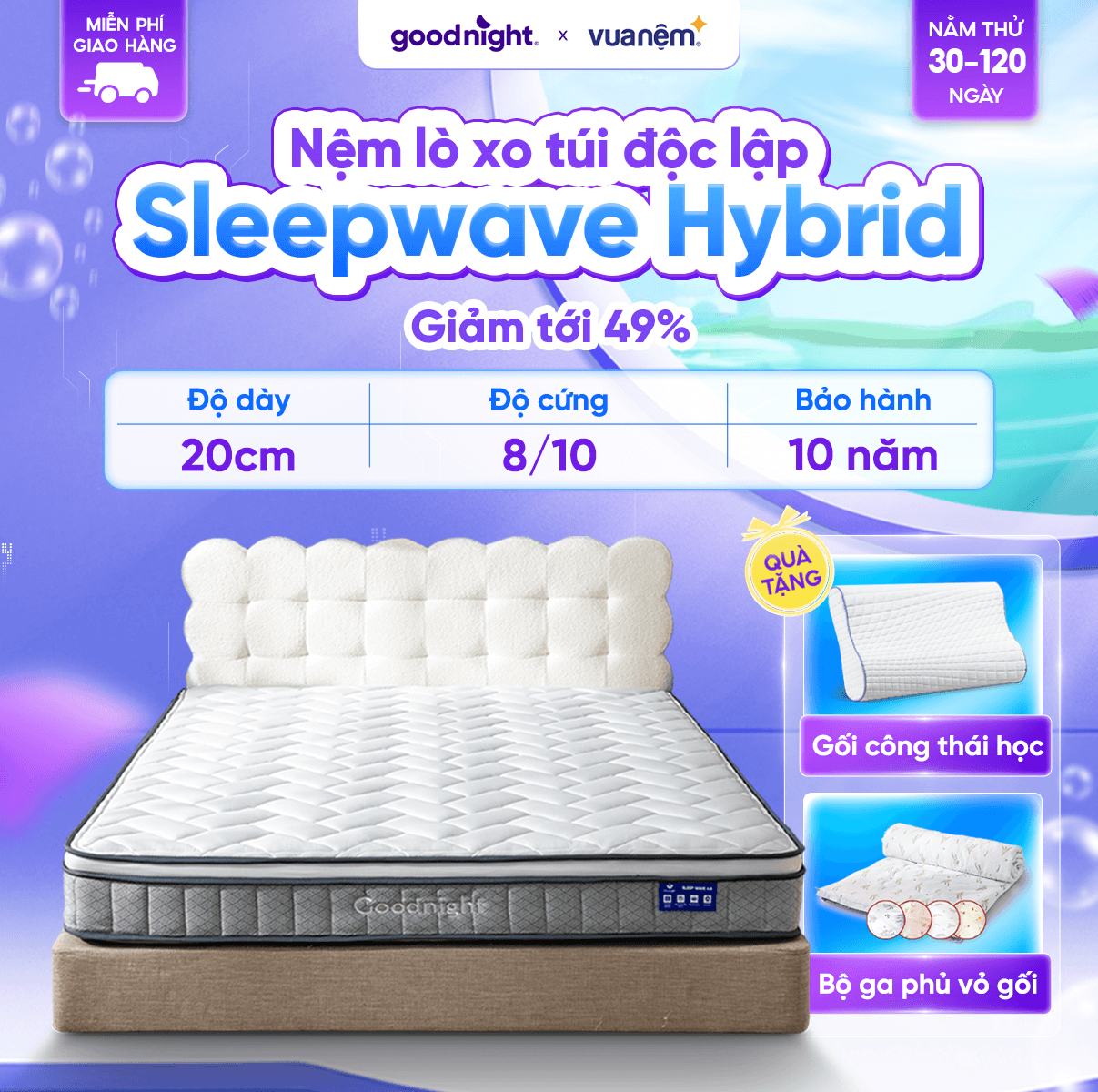 Nệm lò xo Goodnight Sleep Wave giảm tiếng ồn dày 20cm