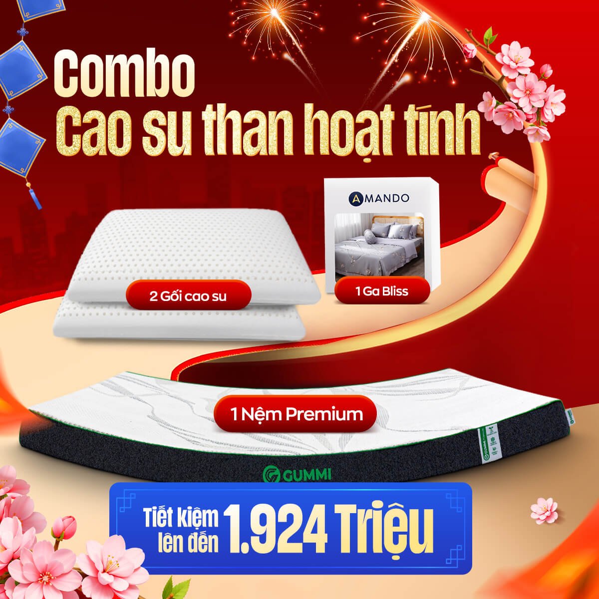 Combo Cao Su Than Hoạt Tính: 1 Đệm Gummi Premium, 1 Bộ Ga Bliss, 2 Gối Cao su