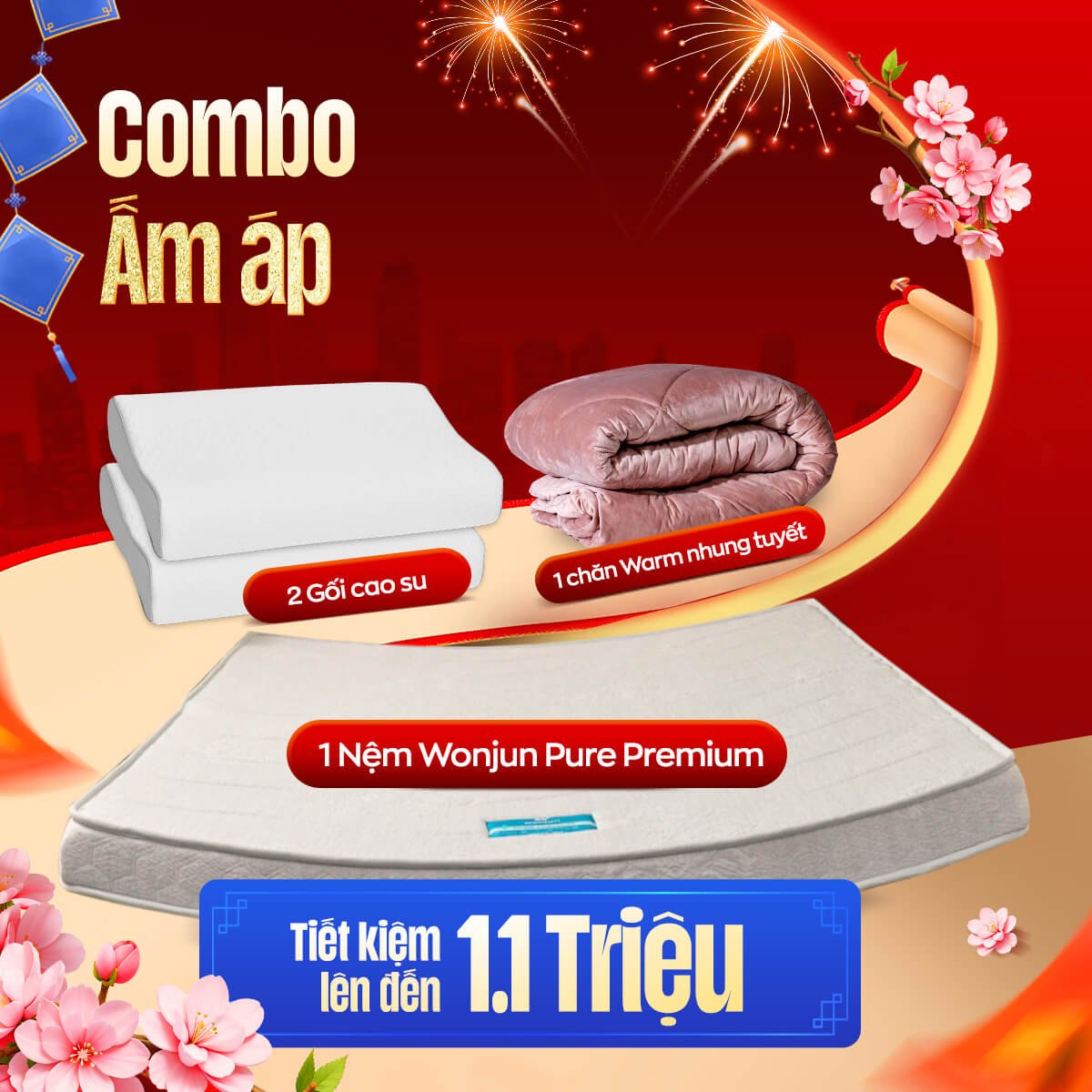 Combo Ấm Áp: 1 đệm Wonjun Pure Premium, 1 chăn đông, 2 gối contour