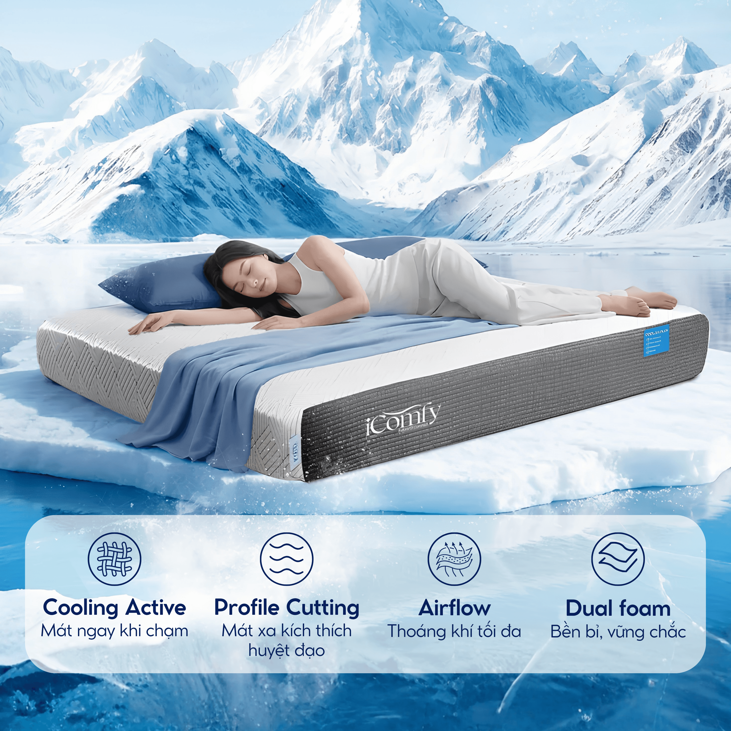 [BST Ngủ Mát] Nệm foam iComfy Coolax Plus Băng Lạnh Đa Tầng Dày 20cm