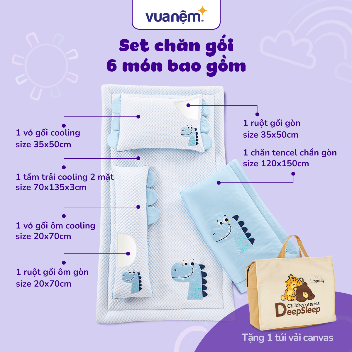 Bộ tấm trải trẻ em đi học Goodnight Deepsleep Khủng Long TC001