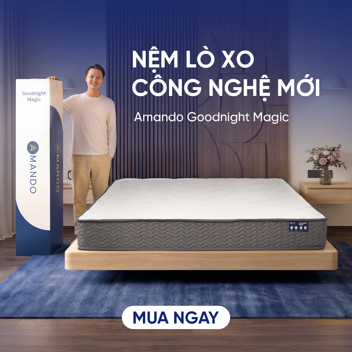 Nệm lò xo túi độc lập thế hệ mới Amando Goodnight Magic nâng đỡ êm ái 20cm
