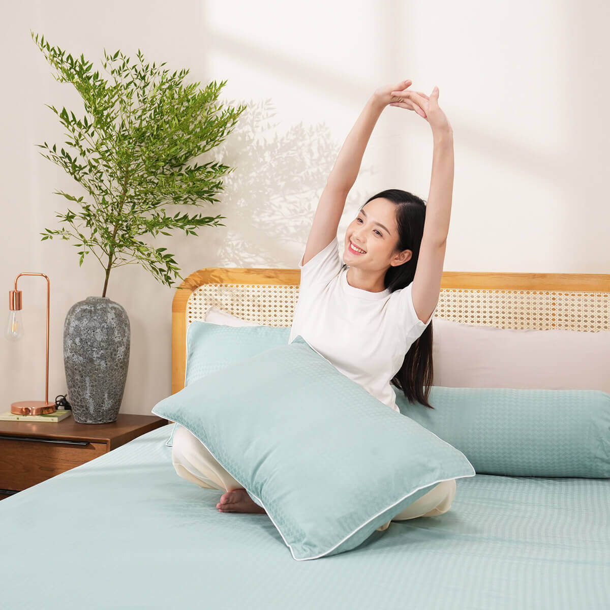 Bộ ga chun polyester gấm Amando Ellie đơn sắc 4 chi tiết Màu Xanh ngọc - Thumbnail